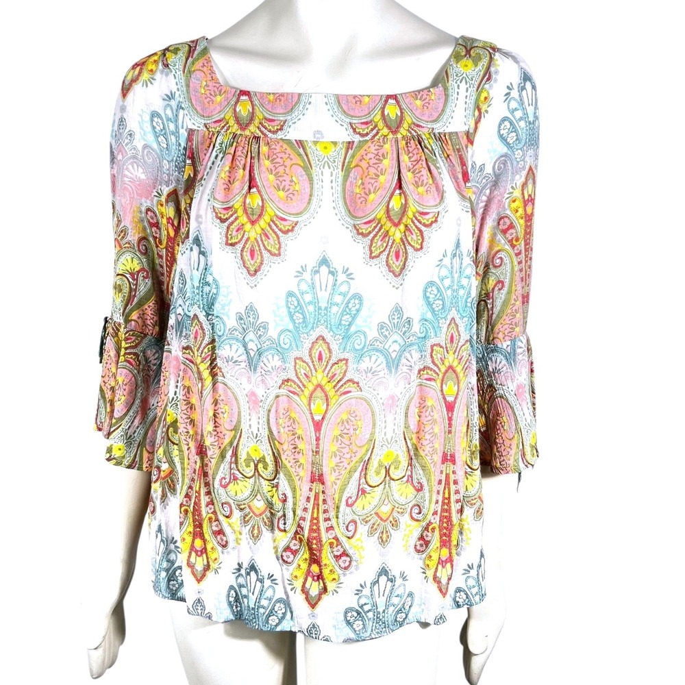 Sharagano Blouse Top L Square Neckline 3/4‎ Sleeve Ties Multicolor Boho Casual